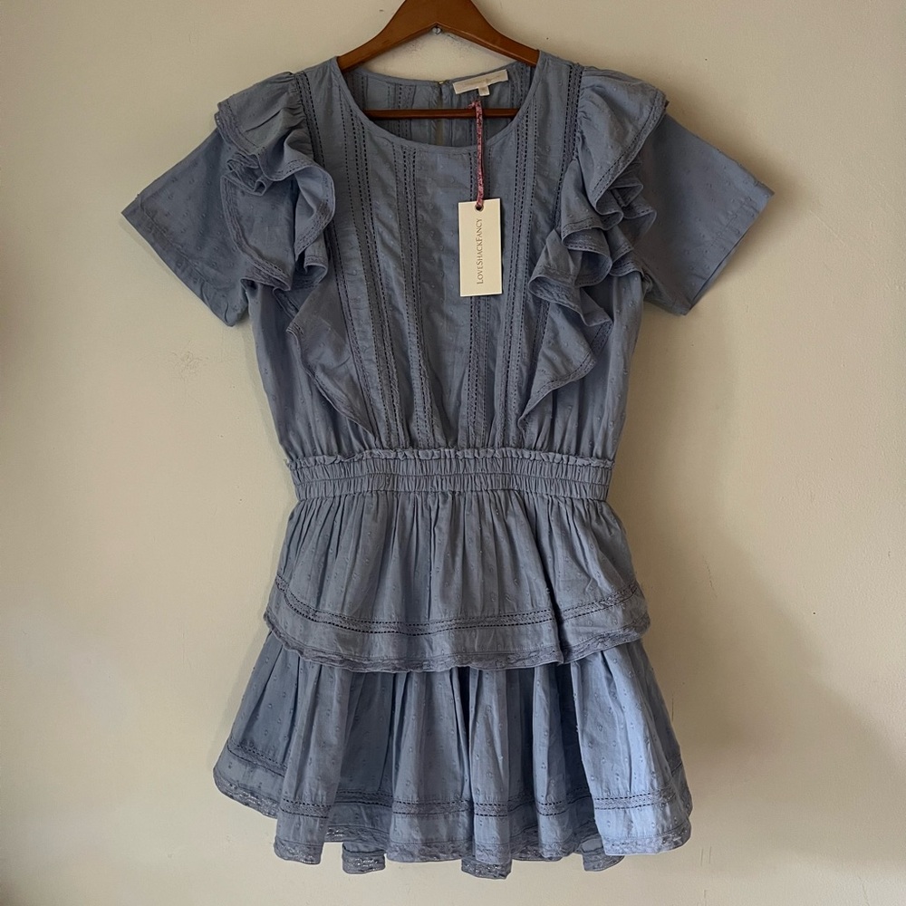 Love Shack Fancy Natasha Dress in Heather Blue Sz M NWT Ruffle Tiered - Picture 2 of 14